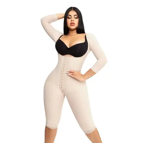 Knee Length Open Bust Bodysuit • Long Sleeves • 3 Compression Hook Levels • Perineal Zipper • Beige • Black (O-025/O-225)