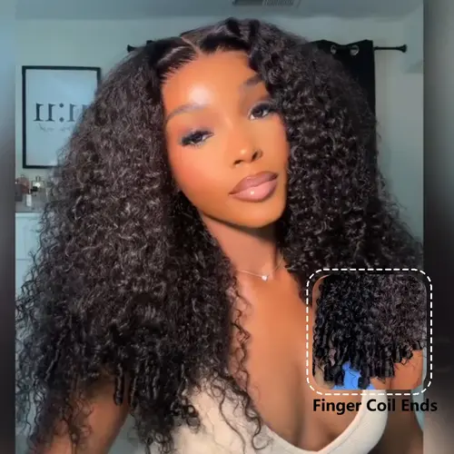 UNice No Slip Burmese Curly Bangs Wig  and Finger Coil Ends Glueless 7x5 HD Lace Closure Human Hair Wig Pre-Bleached Pre-Plucked Natural Scalp Beginner-Friendly Natural Looking
