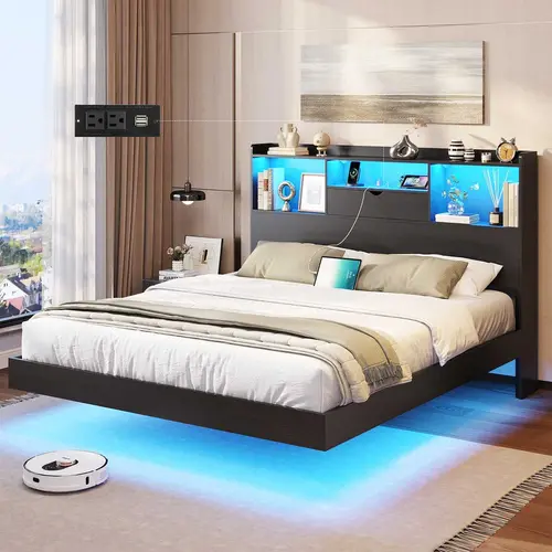 Sikaic Queen Floating Bed Frame with LED Lights and Storage Headboard, Visual Floating Bed with Charing Station, Queen Size Metal Platform Bed with Stable Structure, No Box Spring Needed, Home Furniture Christmas Gifts cozy home familyfun [TikTokShopblack