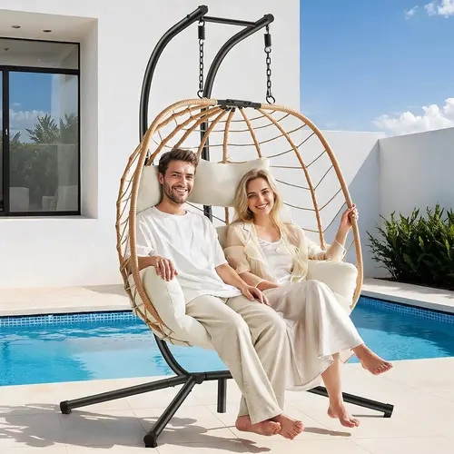 【FallDealsForYou】ONBRILL Double Egg Hanging Seat with Stand - Outdoor Patio Furniture, 2-Person Neutral Tone Swing Seat with Cushions & Headrest, 650lbs Load Capacity Indoor-Outdoor Hammock Loveseat for Patio, Bedroom