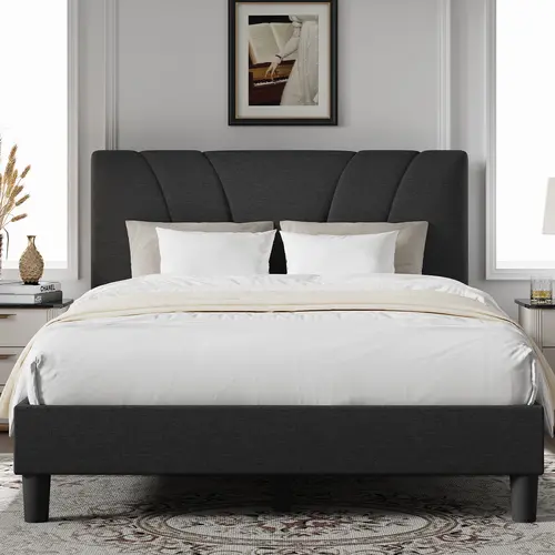 Modern Piano-Key Style Upholstered Storage Platform Bed Frame - Queen Size, Multi-Size Full/Queen/King Fit, Wood Design, Adjustable Height Headboard, Strong Weight Capacity, No Box Spring Needed, Easy Assembly Required