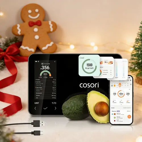COSORI Nutrilens AI Scan Smart Digital Weight Scale (Model R001S) - Rechargeable 5000g/11lb 1g Glass Kitchen Gadget, 800mAh Type-C Charging, Bluetooth Syncs to App, Simple Buttons, User-Friendly UI, Accurate Nutritional Analysis for Bodybuilding