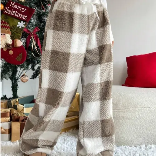 Winter New Vintage Plaid Heart Elastic Straight Loose Thick Warm Casual Pants, Comfortable and Stylish for Cold Weather Wear