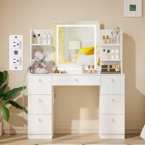 VOWNER Modern Makeup Vanity Table Set with Glass top Lighted Mirror & 7 Drawers and Power Strip