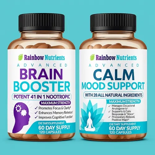 Brain Booster & Calm Mood Support Bundle – 68-in-1 Focus + Calm Supplement Pack to Boost Mental Clarity, Enhance Focus & Reduce Stress - 120 Capsules per bottle (240 total)