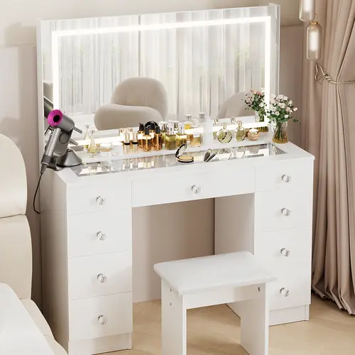 VOWNER Makeup Vanity Desk with Glass Top,Lighted Mirror ,9 Drawers, Soft Cushioned Stool for Bedroom