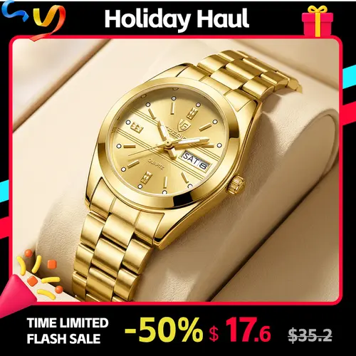 LIEBIG Women's Fashionable Watches - 25.5mm Round Quartz Analog Watch, Gold-Tone Classic Dial, Glamorous Alloy Stainless Steel Band with Foldable Clasp, 3ATM 30M Waterproof Accessories for Women, for Daily Commuting & Dating
