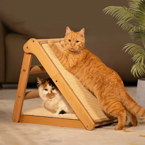 Sisal Cat Scratcher Ramp with Cushion, 20" x 14.1" Large Foldable Scratch Board ,Wear-resistant Cats Scratching Post, Wooden Cat Home Furniture