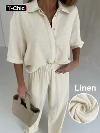 Women's Linen Breathable Woven Short Sleeve Shirt & Pants Set, Womenswear Suit Relaxed Fit and Casual Style Outfit for Everyday Wear