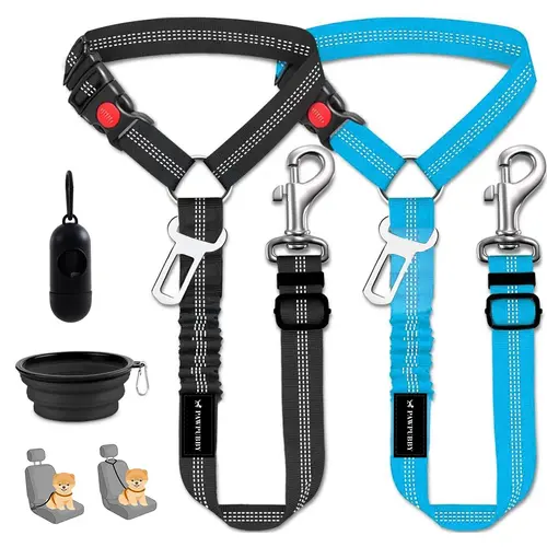 PAWPUBBY 4-Piece Dog Car Travel Accessories Set - Nylon Adjustable Safety Harness (60cm to 73cm), No-Tangle Swivel Leash, Travel Collar, Elastic Buffer Design, Fold-and-Go Bowl (On Sale) [Collars & Harnesses]