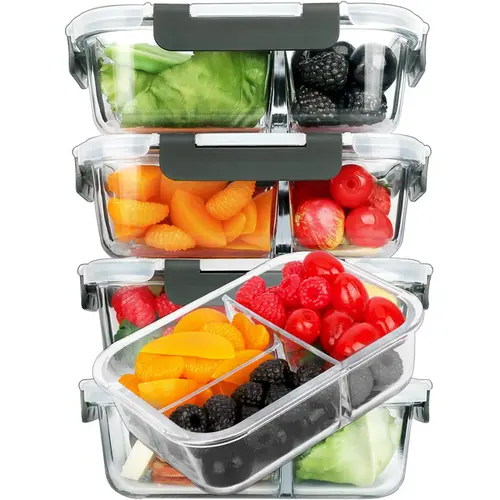 5-Pack Reusable Borosilicate Glass Meal Prep Containers - Rectangular, 36 oz (8in×6.5in×3in), Leakproof, Airtight Silicone Stretch Lids, Stackable, Crystal-Clear, Maintains Freshness, Dishwasher-Microwave-Oven-Freezer Safe Kitchen Preserving Accessories