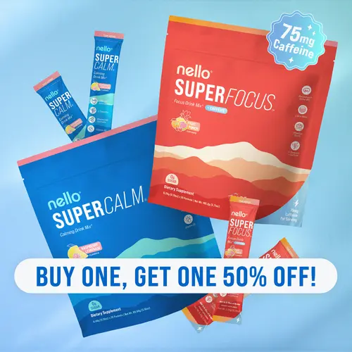 Nello Super Bundle: 1 Supercalm Travel Packets (20ct) + 1 Superfocus Travel Packets (Caffeinated, 20ct):  Exclusive Bundle for Clarity, Productivity & Relaxation.