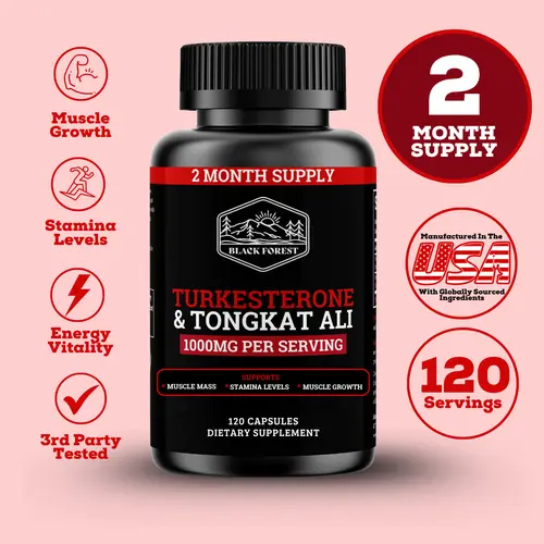 Black Forest Vegan Fitness & Workout Supplement - Edible Botanical Healthcare for Athletic Adults, 1000mg Per Serving Turkesterone & Tongkat Ali, 120 Capsules 2-Month Lean Muscle Support (No Artificial Flavor)
