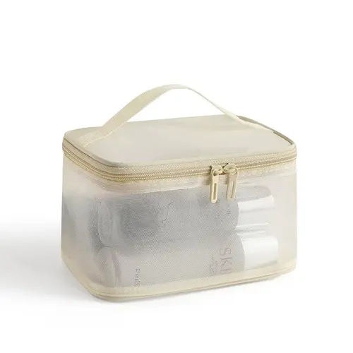 FeelinGirl Make Up Bag - Machine Washable Cosmetic Storage Container with Clear Mesh Pocket and Gold Zipper Closure