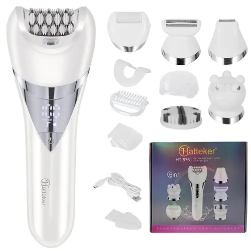 Hatteker 6-In-1 Rechargeable Hair Remover Women's Hair Removal Device with Adjustable Speed, Fully Washable, Home Hair Removal, Hair Removal Tool, Includes Epilator, Facial Hair Removal, Shaving Heads, Face Brush, Bikini Trimmer, Valentine's Day Gift