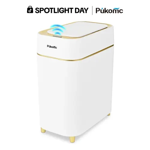 Pukomc Automatic Trash Can - Battery-Operated Induction Bin with Touch-Free Wave Open, Knee Activation, Silent Lid, Removable Liner Bucket, Easy Handling & Cleaning for Kitchen, Office Indoor Use