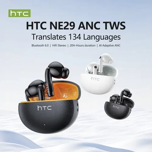 HTC NE29 Wireless Audio Headphones - Bluetooth 6.0 Rechargeable Earbuds with Charging Station, Built-in Microphone, IPX5 Waterproof, 20-Hour Playtime, 3-Month Warranty, Sound Upgrade, Rechargeable Tech, 180mah, 35mah, 5v-35ma
