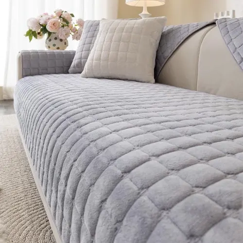 1pc Short Plush Sofa Cushion Comfortable Soft, Modern Style Plaid Design for All Seasons, Pet Friendly and Quilted Sofa Cover, Soft Sofa Protector, Soft Couch Protector