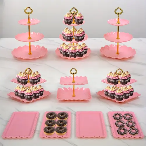 Sebastian CADIA 10pc Plastic Cupcake Display Set - 3 Double-Tier (2-Layer), 3 Triple-Tier Plastic Cake Stands, 4 Appetizer Trays, 9.6 Inches Diameter Pink Dessert Stand for Birthday Party, Wedding Supplies