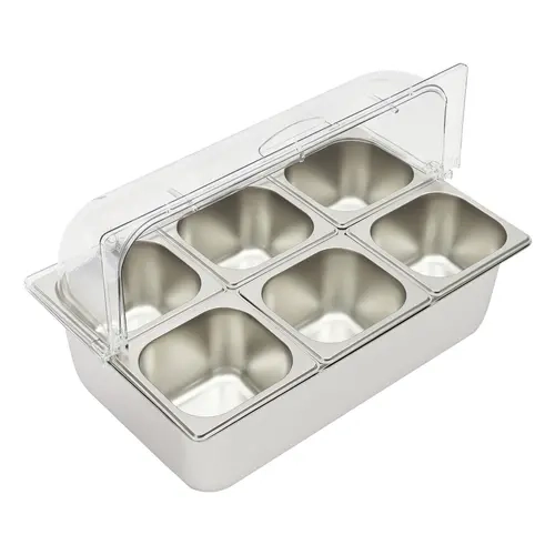 Stainless Steel Kitchen Ice Food Serving Display Tray with 6 Steel-PC Pans (1.45L/1.5qt per pan,17×16×10cm) - Reusable Containers, Ice-Cooled, Open Storage Bins, Kitchen Organizers (53×33×33cm,15cm,4.2kg) - Non-Microwave-Safe for Buffet Restaurants