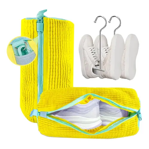 2Pcs Lightweight Portable Shoe Laundry Bags for Sneakers - Adjustable, Hands-Free Wash, Tear-Resist Fabric, Breathable, Travel-Light, Washer & Dryer Safe, Gentle Bristles, Laundry Accessory, Yellow