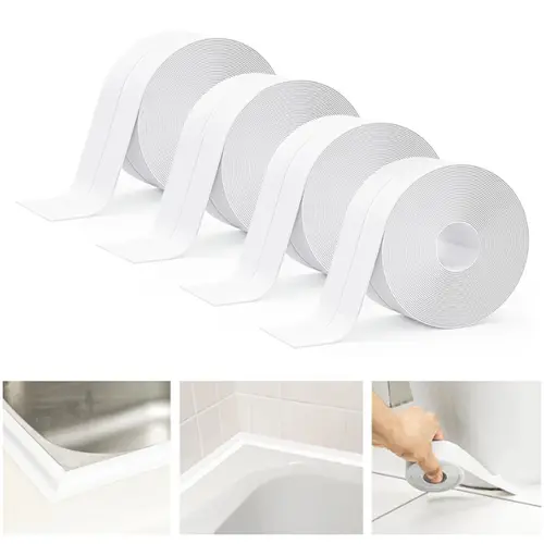 Caulking Tape - 4-Roll Value Pack White Waterproof Peel-and-Stick Extra-Strong Sealant Tape with Sealing Tool, Self-Sealing Adhesive Floor & Wall Edge Protector for Kitchens/Bathrooms, Quick Install for DIY Enthusiasts