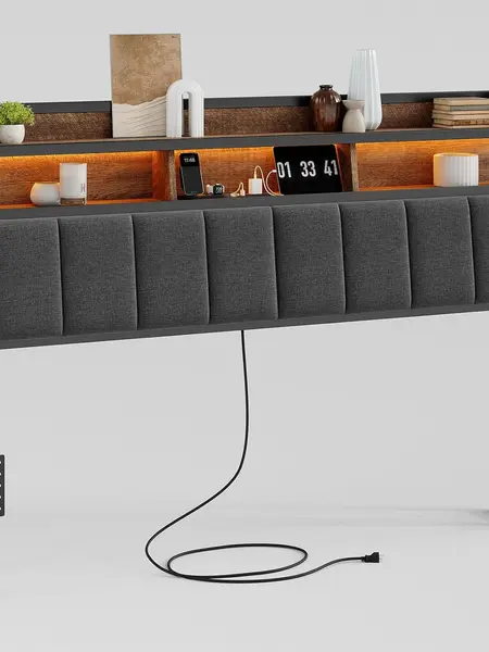 【DealsforYou】ONBRILL Ergonomic Upholstered Headboard - Queen/King Size, 2-Tier Storage, LED Lit, USB Ports, Height Adjustable, Sturdy, Modern Bed Frame Furniture (Headboard Only), Led Lit Headboard