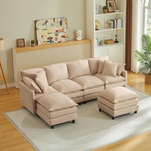 Chenille Cloud Couch, 4-Seat Modular Sectional Sofa Set (2 Packages Shipping) - 106" U-Shaped Beige Retro Sofa with Movable Ottomans, Tool-Free Customizable Layout, Deep Seating