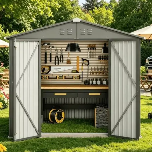 Gizoon 8x6 FT Durable Galvanized Steel Garden Storage Shed - Dark Grey Metal Outdoor Shelter, Double Lockable Sliding Doors, Spacious Backyard Clearance, All-Weather Rust-Resistant, 2-Package Shipping, Clearly Labeled Parts, Assemble with a Partner
