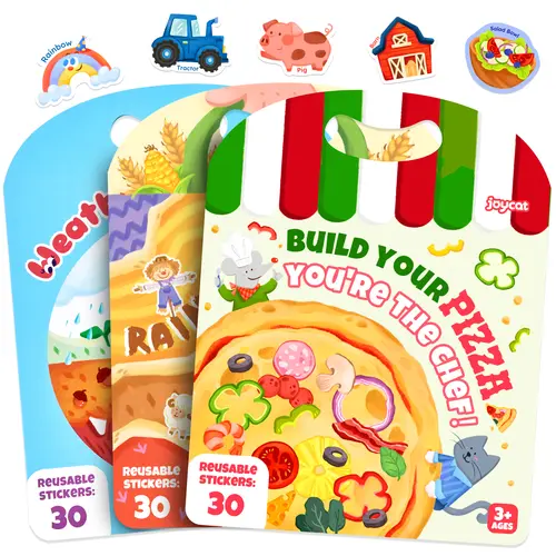 JoyCat Reusable Waterproof Crafting Kit - Decorative Jelly Stickers, Pizza & Weather Thematic Books, Sticker Album, 4+ Age Kids' Creative Educational DIY Scrapbooking Travel Essential Cool Gifts