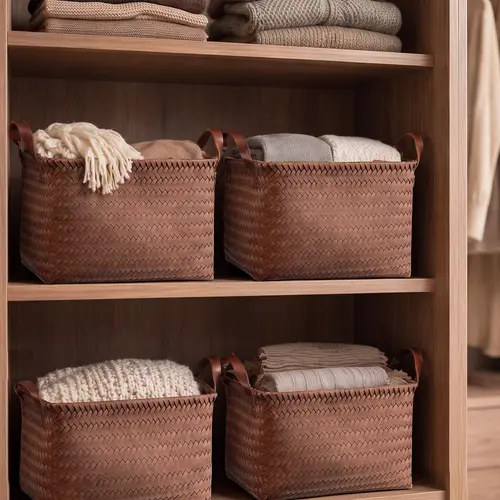 BROWNLILY Handwoven Wicker Multipurpose Rattan Baskets - 4/6/8 Pack Large Brown Synthetic Rattan Storage Bins with Handles, Strong Wire Frame, Farmhouse-Modern Closet/Daily Storage Organizers, Trunk-Ready Carry (Shelves)