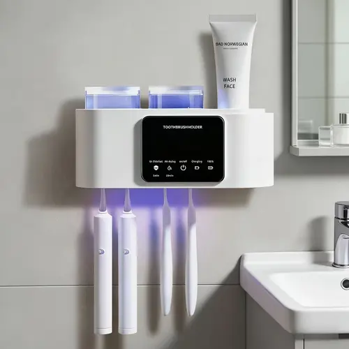 Modern Wall-Mounted Smart Toothbrush Holder with Smart Sanitizer, 2 Cups, Portable Oral Care, Anti-Fouling, Waterproof, Durable, Heat-Resistant, Odorless, Quick-Drying Bathroom Accessory