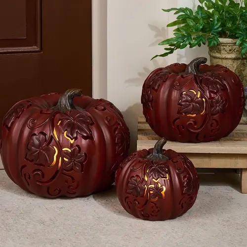 QVC 3-Piece Indoor-Outdoor Flicker Flame Stacking Pumpkins, Festive Home Decorations