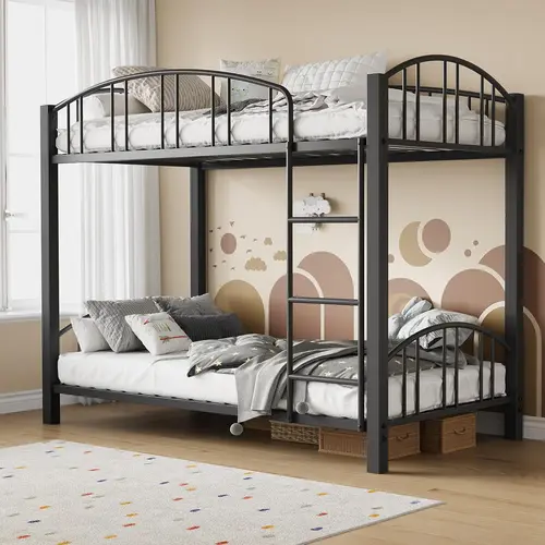Heavy-Duty Metal Twin Over Twin Bunk Bed Frame - Steel Framing Bedroom Furniture, Sturdy Structure, 15" High Arched Guardrails, Safety Ladder, 350 lbs Per Bunk, No Box Spring Needed, Space-Saving Matte Black Kids Bed, Assembly Required