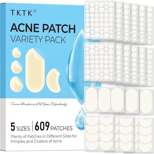 TKTK 609-Count Peelable Hydrocolloid Pimple Patches for Face - Teens' Acne Treatment, Skin Repair Beauty Products, Bulk Stickers (5 Sizes: Dots, Strips, Contoured) for All Skin Types' Cheeks, Forehead, Chin Blemishes