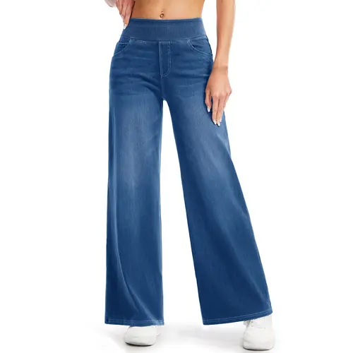MAGCOMSEN Women's High-Waist Cotton Flex Jeans - Stretchy Drape Fabric, Wide-Leg Baggy Fit, Pull-On, Tummy Control, 4-Pocket Carry, Hip-Flattering, Casual Work & Fall Outdoor Bottoms for Students