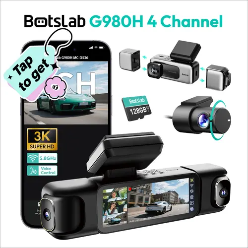 【DealsForYouDays】Botslab 4 Channel 3K Dash Cam with 3.18" Touch Screen, Sentry Mode, 24/7 Parking, Built-in GPS, 5.8G WiFi, Night Vision, Voice Control, 128GB Card Included Hd Dash Camera Touchscreen Dash Cam