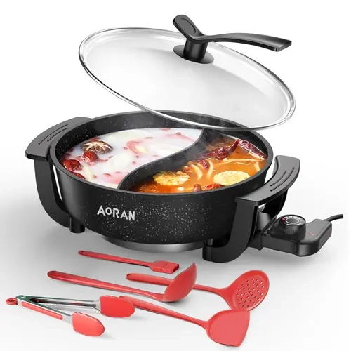 AORAN 4L Nonstick Ceramic Steamboat Pot - Divider, 3.7in Depth, Dual-Side 2-Taste, Adjustable Multi-Power Control, Anti-Slip Surface, Multifunctional Hot Pot for Family, Friends Shabu Shabu Hmart Kit