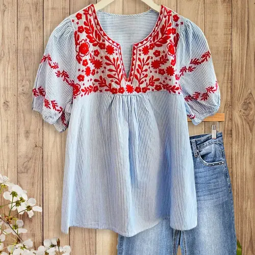 SageVell Boho Striped Blue/Khaki Blouse with Delicate Red Floral Embroidery, Puff Sleeves & Chic V - Neck, Feminine Cute Blouse Women's Top Shirts Medium