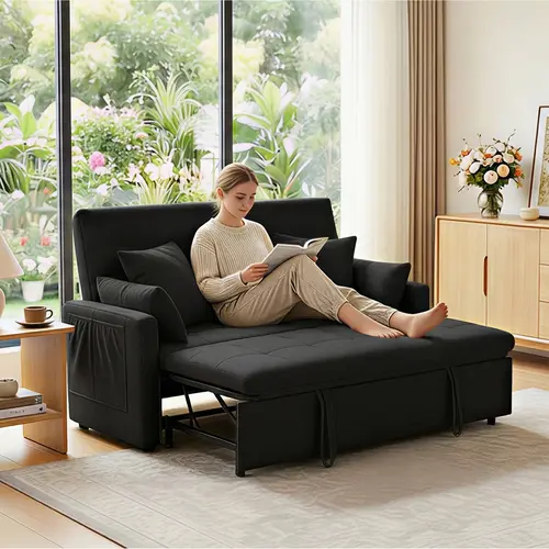 SZLIZCCC 60 in 3-in-1 Upholstered Sofa Couch Convertible Sleeper Bed, Modern Linen Loveseat Futon, Reclining Backrest, Pull-Out Bed, Compact Design for Small Living Rooms, Toss Pillows & Storage Pockets Included, Grey