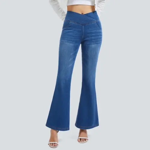 MAGCOMSEN Women's High Waisted Fitted Crossover Flare Jeans - Regular Length, Stretchy Soft Breathable Cotton Knit Elastane Fabric, Tummy Control, Hip Lifting, 4-Pocket Carry, Pull-On Casual Bell Bottom Jeggings for Fall, Work