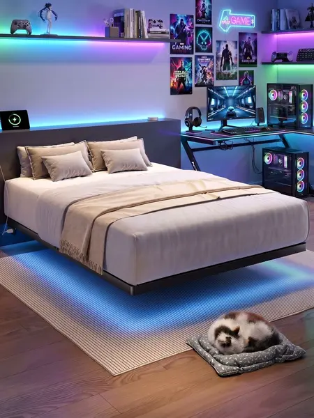 【DealsforYou】ONBRILL LED Floating Bed Frame for Queen, Queen Size Bed Frame with Power Outlet, Heavy Duty Metal Platform Bed Frame, Easy to Assemble, Noise-Free, No Box Spring Needed, Bedroom Furniture, Stylish Furniture