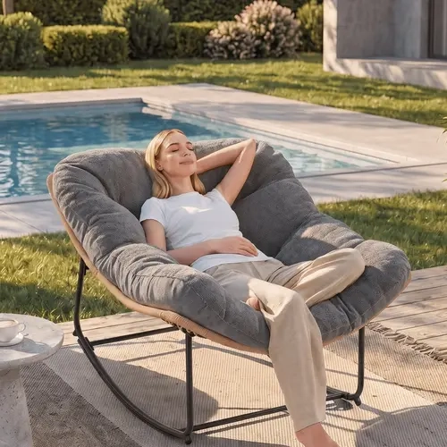 【Double-Side Fabric】ONBRILL Oversized Indoor Outdoor Rocking Chairs, Comfy Papasan Rocking Chair with Padded Cushion, Rattan Wicker Lounge Chair, Modern Reading Accent Chair for Balcony Garden, LivingRoom Furniture,Christmas Gift【Black Friday】