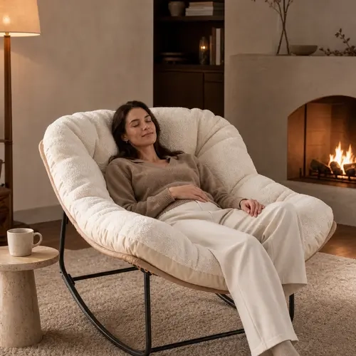 【Double-Side Fabric】ONBRILL Oversized Indoor Outdoor Rocking Chairs, Comfy Papasan Rocking Chair with Padded Cushion, Rattan Wicker Lounge Chair, Modern Reading Accent Chair for Balcony Garden, LivingRoom Furniture,Christmas Gift【Black Friday】