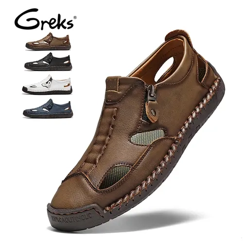 GREKS Men's Outdoor Casual Sandals - Full Coverage, Side Zipper, Hand-Stitched, Lightweight, Comfortable, Flexible, Adjustable Size, Cut-Out Vents, for Everyday Commutes & Summer Walking Sports