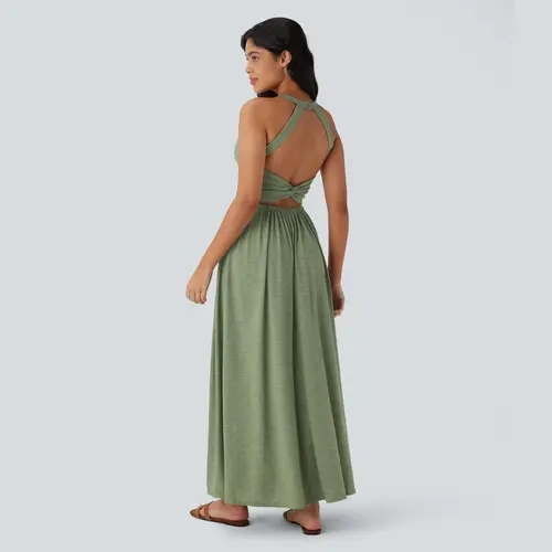 Halara Twisted Backless Split Flowy Maxi Resort Dress with Pockets