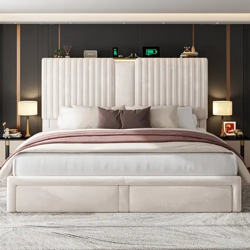 【Summerwins】Raybee King Queen Size Bed Frame with 2 Under bed Drawers, 51.3“ Velvet High headboard Silent Bed Frame With 3 USB Ports Charging Station , NO MATTRESS, No Noise, Heavy Duty & Easy Assembly,Modern & Quiet Luxury, 1000 Lbs Capacity,Beige