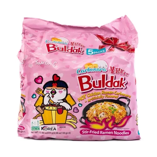 Samyang Buldak Carbonara Hot Chicken Flavor Instant Noodle Pack, 5-Pk 22.9 oz Korean Pantry Snack, TikTok Favorite Bold Creamy Pansit, Super Spicy Instant Noodles