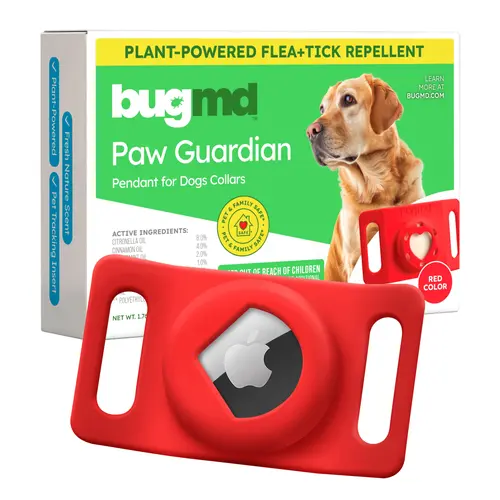 BugMD Paw Guardian Flea and Tick Prevention Pendant for Dogs with AirTag Holder | Plant-Powered Flea & Tick Control for Dog Collars & Harnesses | Dog Tag with Air Tag Holder - Red
