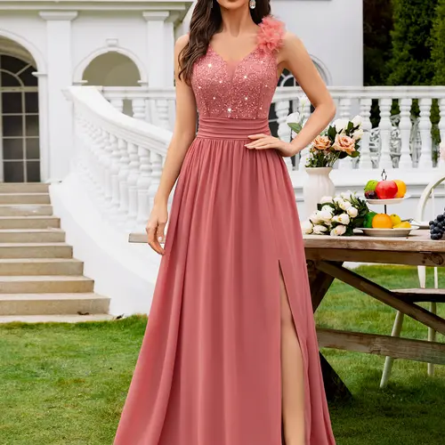 Miusol 24451A Women's Elegant Glitter Sequin Lace Chiffon Formal Dress - Sleeveless, Deep V-Neck, Ruched, Thigh Split, Well-Fit Prom & Wedding Guest Dress for Spring/Summer Events, Prom Dress, Wedding Guest Dresses